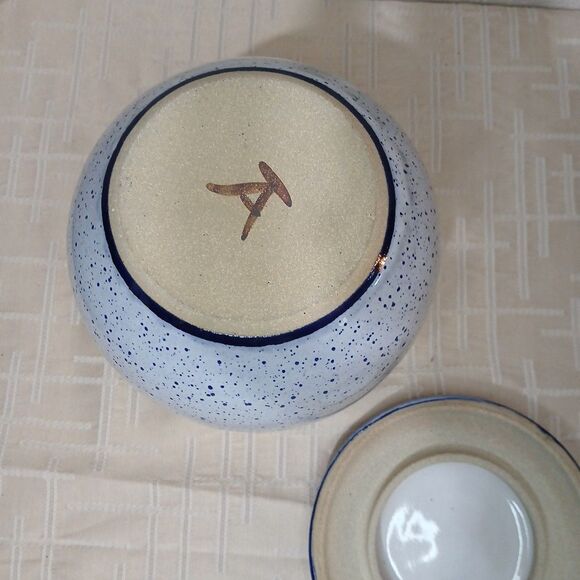 Asian Splatter Pottery Blue White Elk LidPot Jar Crock 7" Primitive Rustic Decor - Picture 5 of 7